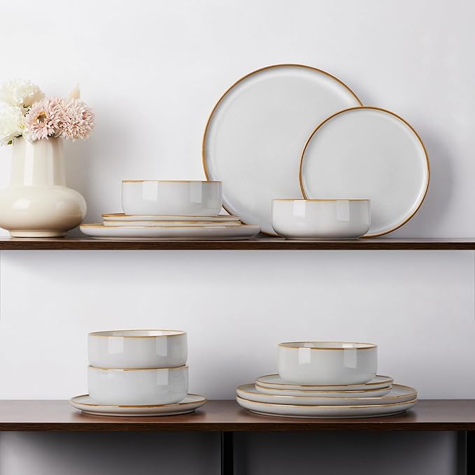 E-far Plates and Bowls Set for 4 12-Piece Stoneware Dinnerware Sets Ceramic Dinning Ware Reactive Glaze Dishes Set Microwave &amp Dishwasher Safe - Seashell White