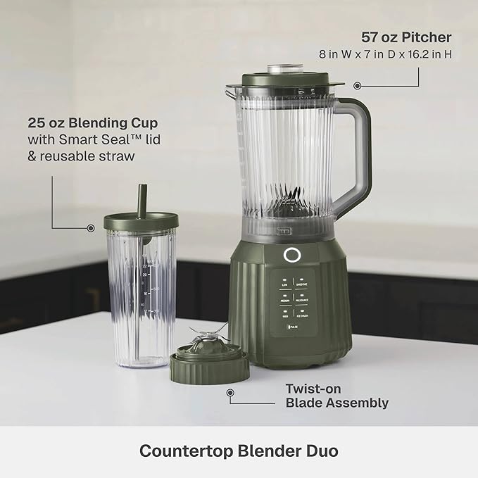 Countertop Blender with Pitcher and To-Go Cup 1100W High-Power Blender Stainless Steel Blade Multiple Speed Settings (Dusty Moss)