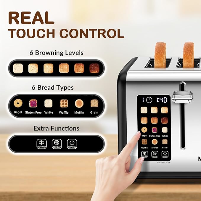 Mecity 4 Slice Toaster with Touch Screen Control 4 Wide Slots Stainless Steel Smart Bread Toaster for Bagels Muffins Waffles Dual Control Panel Timer Defrost Reheat 120V 1650W Matt Black