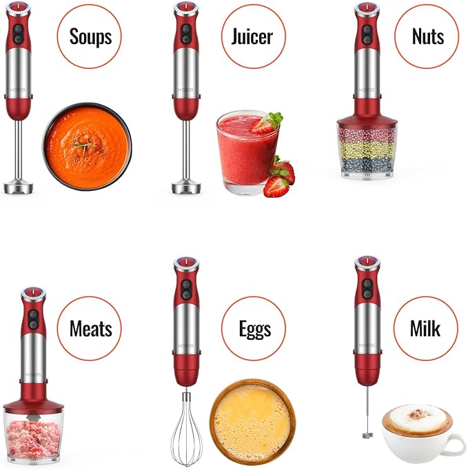 KOIOS 5-in-1 Hand Immersion Blender 1000W 12 Speed Handheld Blender Stick with Copper Motor Stainless Steel Blade 600ml Mixing Beaker500ml Food Processor Whisk Milk Frother Non-BPA Red