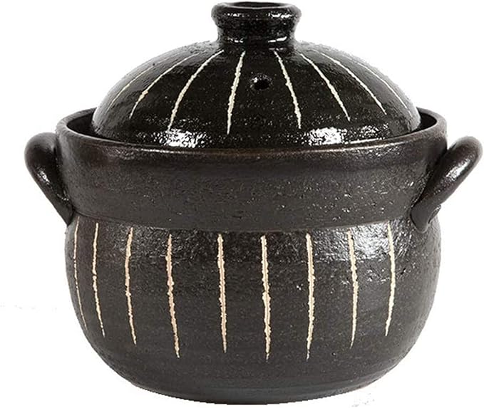 Clay Rice CookerJapanese Stone Rice Pot with Double LidEarthenware Rice PotStockpotHeat Resistant Ceramic CasseroleRound Stove Stew Pot Black 21x17.5cm (Black 21x17.5cm(8x7inch))