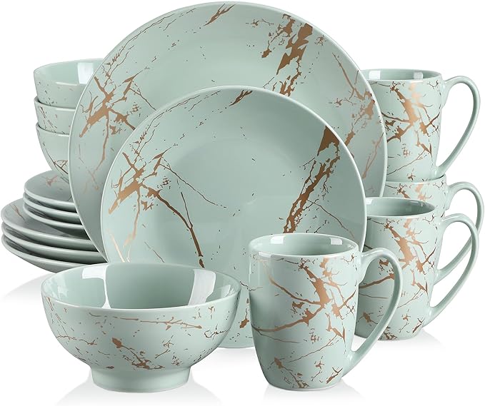 Ceramic Tableware Green 16/32/48 Piece Procelain Dinnerware Set Design by Gold Splash with Dinner PlateCake PlateBowlsCoffee Cups16-Piece