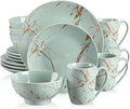 Ceramic Tableware Green 16/32/48 Piece Procelain Dinnerware Set Design by Gold Splash with Dinner PlateCake PlateBowlsCoffee Cups16-Piece