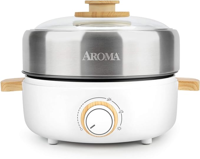 Aroma Housewares AMC-130 Whatever Pot Indoor Grill Cooking Hot Pot with Glass Lid Bamboo Handles 2.5L Stainless Steel/White