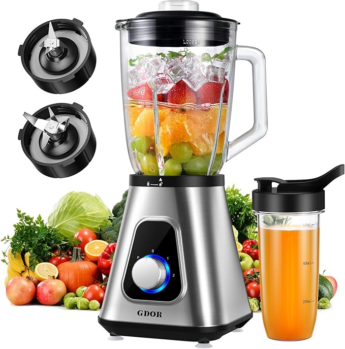 GDOR 1200W Blender for Smoothies and Shakes 52 Oz Countertop Blender &amp 22 Oz Personal Blender Combo 6-leaf Blade 3 Adjustable Speed for Juices Frozen Fruit Drinks Sauces Self-Cleaning