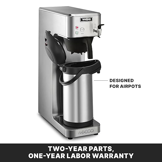 Waring Commercial WCM70PAP Café Deco Automatic Airpot Coffee Brewer Stainless Steel Construction Hot water faucet Plumbed 120V 5-15 Phase PlugSilver/ Black