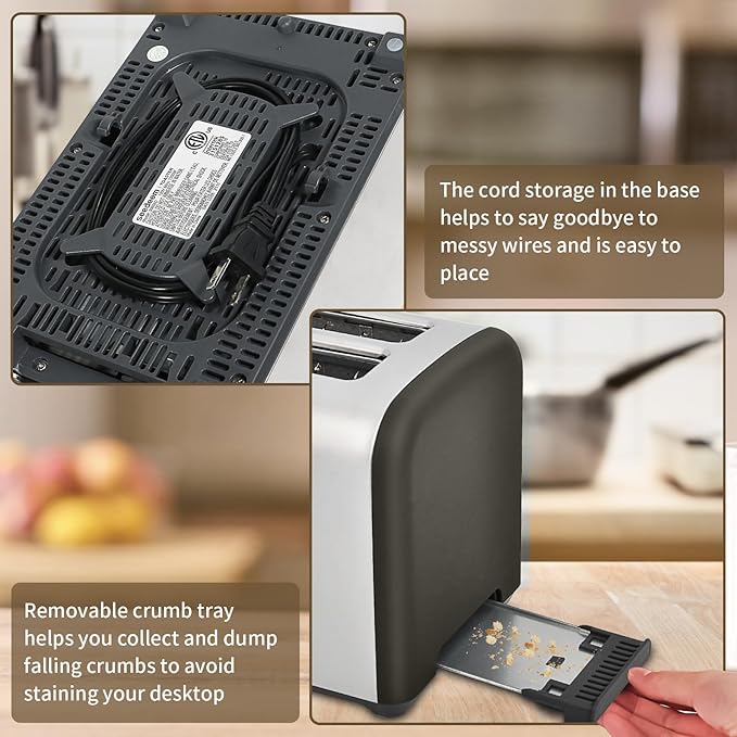 SEEDEEM Toaster 2 Slice Full Touch Control Stainless Toaster LCD Display 50% Faster Heating Speed 6 Bread Type 7 Shade Setting 1.5''Wide Slots Removable Crumb Tray 1350W Dark Metallic