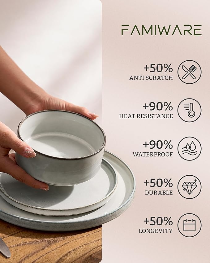 Famiware Annecy Plates and Bowls Sets 12 Pieces Dinnerware Sets Microwave and Dishwasher Safe Dishes Set for 4 Chip and Scratch Resistant Grey-White