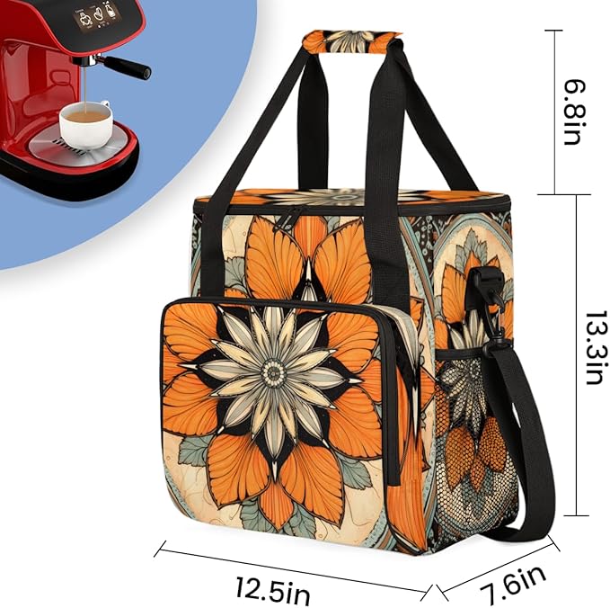 Retro Mandala Coffee Maker Carrying Bag Orange Mandala Travel Storage Bag Compatible with K-Mini or K-Mini Plus Single Serve Coffee Brewer Carrying Case with Multiple Pockets &amp Shoulder Strap