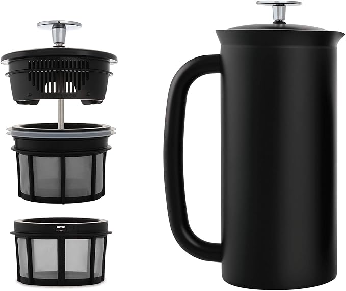 ESPRO - P7 French Press - Double Walled Stainless Steel Insulated Coffee and Tea Maker with Micro-Filter - Keep Drinks Hotter for Longer (Matte Black 32 Oz) Cleaning Powder