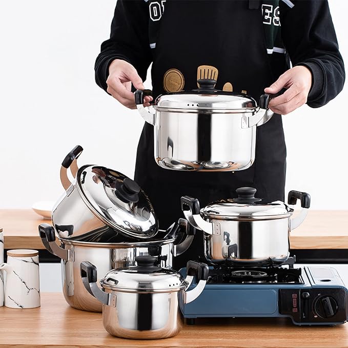 Cooking Pot Saucepan Set 5 Pieces 201 Stainless Steel Pot and Pan Set Induction with Lids Stock Pot Cookware Set Compatible with InductionGas and Electric Hobs Silve