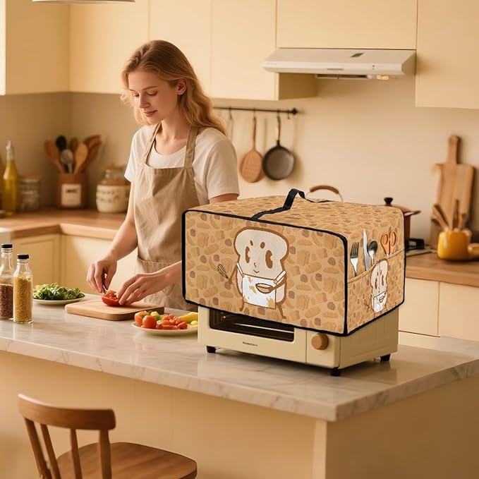 Doojoayie Kitchen Toaster Dust Cover Compatible with 4 Slice Toaster Dust Protection Cover Kitchen Decoration Small Appliance Protector Cute Cartoon Toster People Print