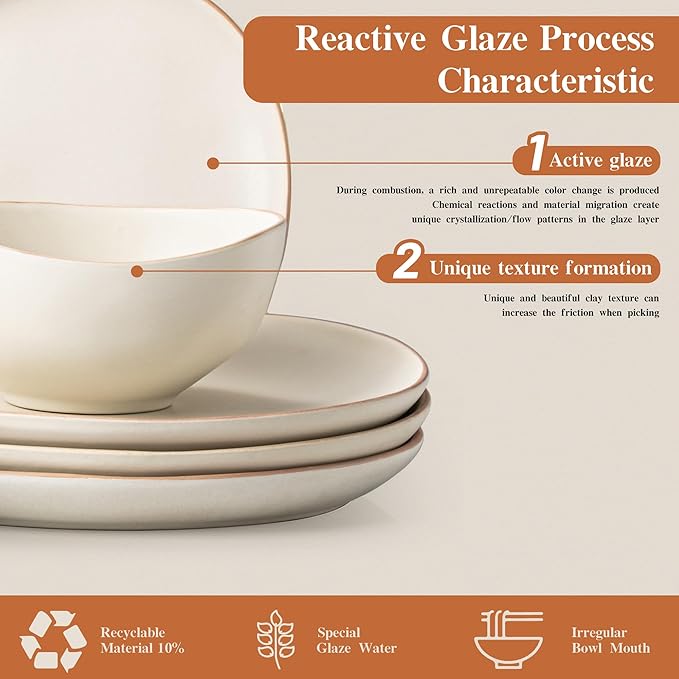 Stoneware Dinnerware Set for 4 12 Piece Plates and Bowls Set with Glazed RimChip &amp Scratch Resistant Plates Sets Dishwasher Microwave Safe Dishes (Light Beige)