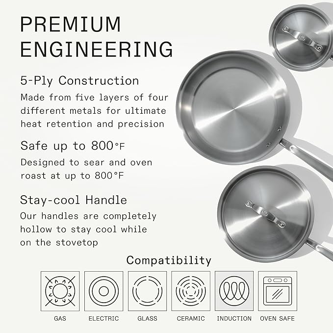 Made In Cookware | 5 Pc Stainless Steel Cookware Set | 5 Ply Clad | Includes Stainless Steel Frying Pan Saucepan and Saucier with Lid | Professional Cookware | Crafted in Italy