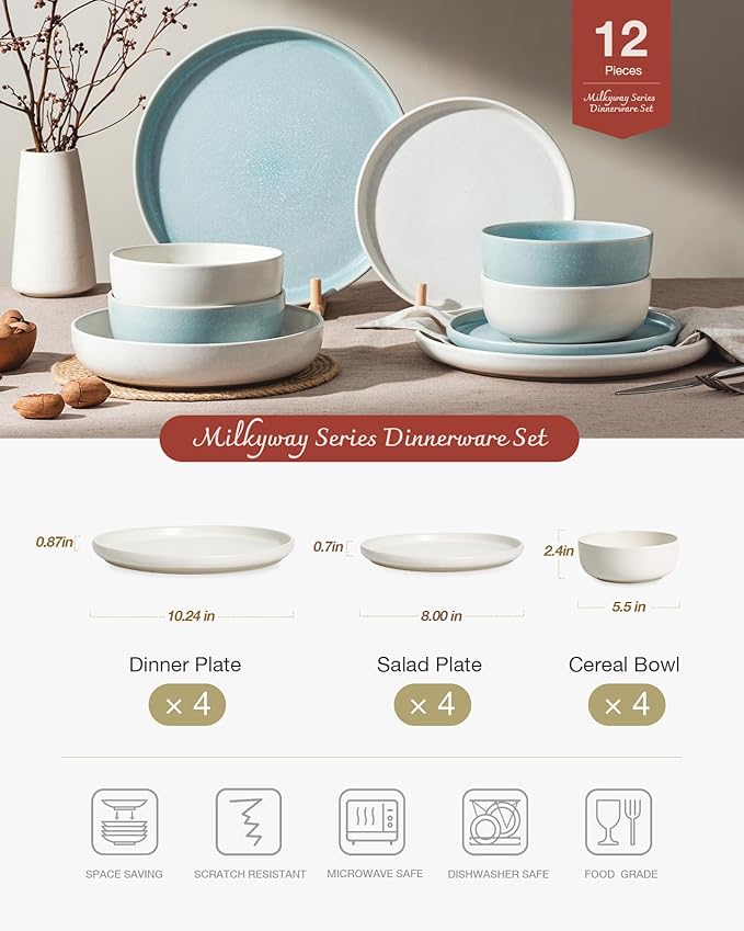 Famiware Milkyway Plates and Bowls Sets 12 Pieces Dinnerware Sets Reactive Glaze Dish Set Stoneware Dishes Set for 4 Matte Beige White &amp Light Blue