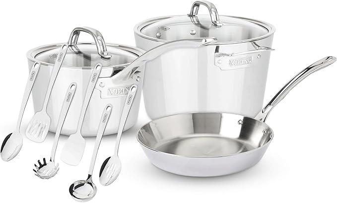 Viking 4-Piece Premium Cookware Bundle – 10” Nonstick Frying Pan 2.4 Qt Sauce Pan with Lid 8 Qt Stock Pot 6 Stainless Steel Kitchen Utensils – Oven &amp Dishwasher Safe Induction Ready