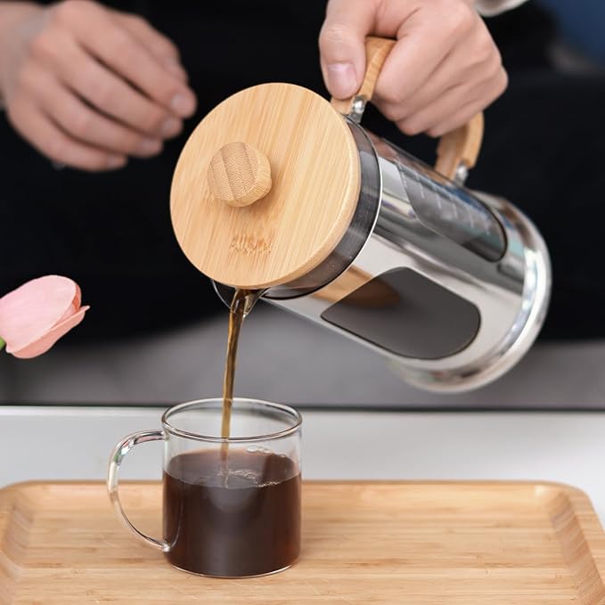 Sivaphe No-Plastic French Press Coffee Maker 34 oz Borosilicate Glass Bamboo Lid and Handle Coffee Tea Press 8 cup 1000ml Coffee Milk Forther with Stainless Steel Holder and Resuable Filters