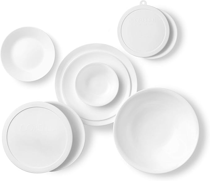 Corelle Vitrelle 78-Piece Service for 12 Dinnerware Set Triple Layer Glass and Chip Resistant Lightweight Round Plates and Bowls Set Winter Frost White