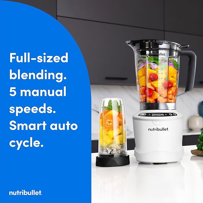 nutribullet® SmartSense Blender Combo 1400W 64oz Pitcher 32oz &amp 24oz Cups 5-Speed Smoothies Ice and Frozen Fruit Nut Milk Soup Matte White NBF50700AW