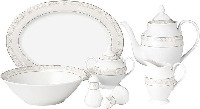 57 Piece Wavy Dinnerware Set-porcelain China Service For 8 People-atara Silver Banded Casual Round Porcelain Dishwasher Safe