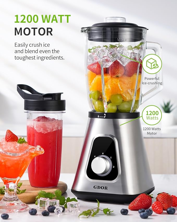 GDOR 1200W Blender for Smoothies and Shakes 52 Oz Countertop Blender &amp 22 Oz Personal Blender Combo 6-leaf Blade 3 Adjustable Speed for Juices Frozen Fruit Drinks Sauces Self-Cleaning