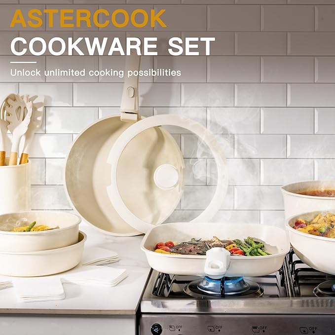 Astercook 23 Pcs Pots and Pans Non Stick Ceramic Cookware Set Detachable Handle RV Stackable Kitchen Cooking Set Removable Handles Oven Safe Induction Ready Cream White