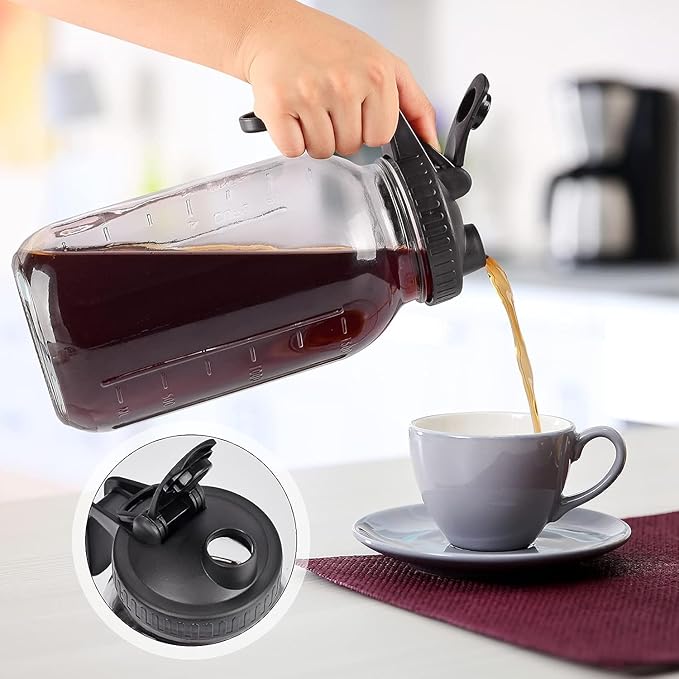 WOODRIVER Cold Brew Mason Jar iced Coffee Maker Durable Glass Heavy Duty Stainless Steel Filter Flip Cap Lid - 64 oz With Handle