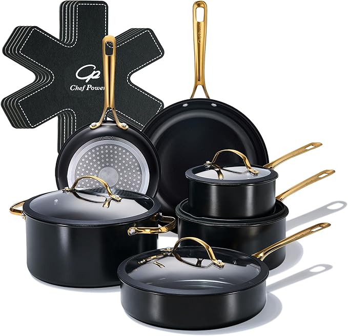 Chef Power Ceramic Cookware Sets 15Pcs Pots and Pans Set Non Stick Cookware Set with Stainless Steel Handle Dishwasher &amp Oven Safe Stone Black and Light Gold Handle