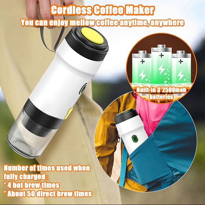 Portable Espresso Machine 3-in-1 Self-Heating Portable Coffee Maker for Travel with Rechargeable Battery Cordless Electric Mini Espresso Maker for RV Hiking Camping Office (White) (White)