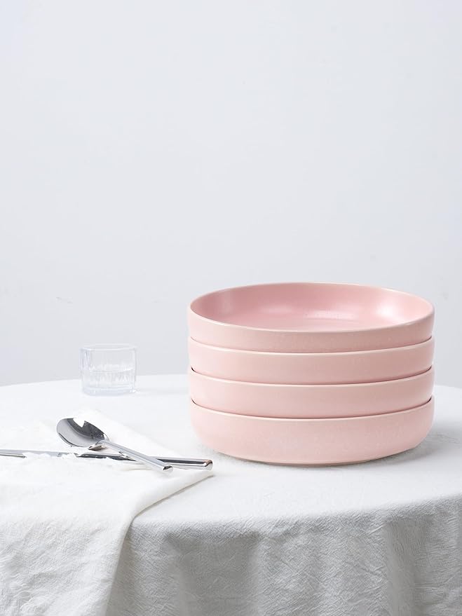 Famiware Milkyway Plates and Bowls Set 12 Pieces Dinnerware Sets and 4 Pieces Pasta Bowls Double Reactive Glaze Sturdy &amp Stackable Stoneware Dishes Set for 4 Light Pink