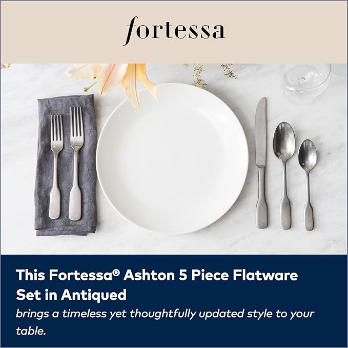 FORTESSA Ashton 18/10 Stainless Steel Flatware 5 Piece Place Setting With Knife Forks and Spoons (Service For 1) Dishwasher Safe Antiqued