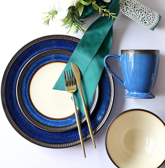 Ceramic Dinner Plate SetsFine 4 Piece Dinnerware Set Durable Vintage Design in Cobalt Blue and Gold Rim Plates Bowls Coffee Cups Service for 1
