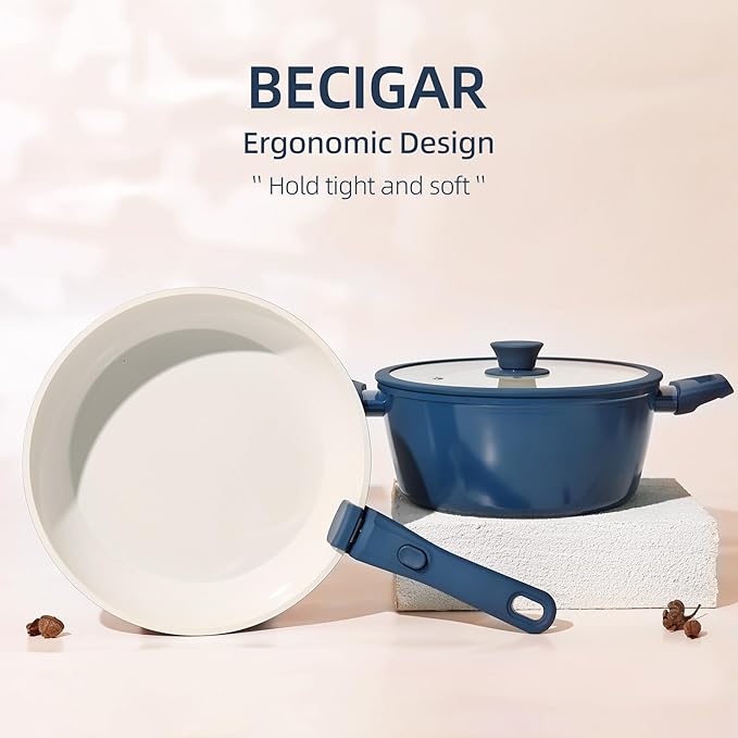 23pcs Ceramic Pots and Pans Set Nonstick Detachable Handle Cookware Induction Kitchen Cooking Set with Removable Handleinclude Frying Pans &amp Saucepans Oven Safe(Blue)
