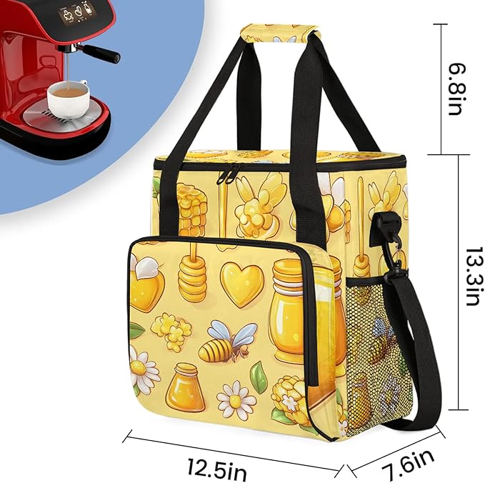 Yellow Coffee Maker Travel Bag Honeycomb Bee Insulated Grocery Bag Travel Picnic Leakproof Cooler Bags With Shoulder Strap