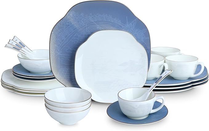 Blue 24 Piece Porcelain Dinnerware SetBone china for 4 Plates and Bowls Sets With Beautiful Pattern Highly Chip and Crack Resistant | Dishwasher Safe Dishes Set (Deep Blue + Pattern)