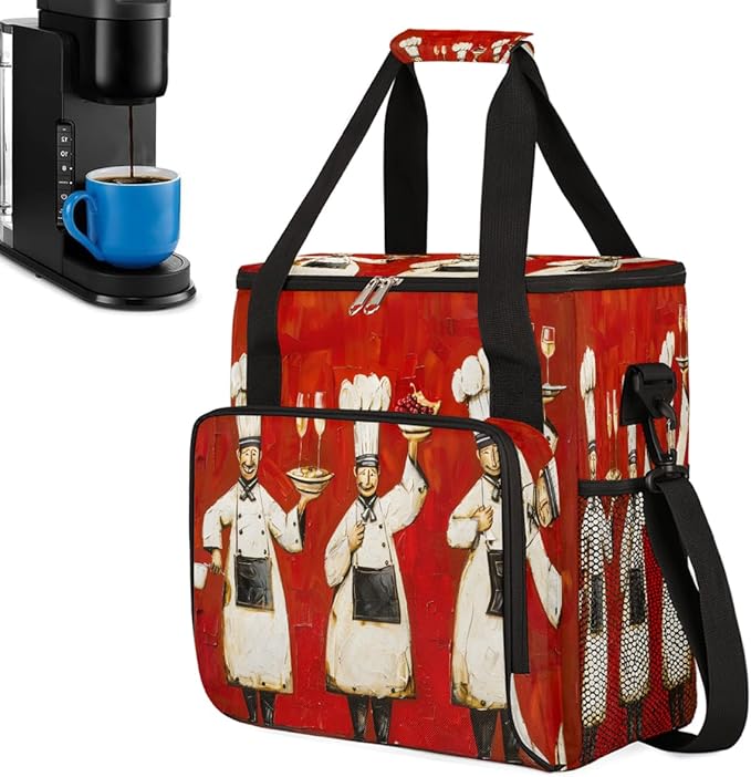 Chef Food Oil Painting Coffee Maker Carrying Bag Coffee Machine Travel Storage Bag Compatible with K-Mini or K-Mini Plus Portable Single Serve Coffees Brewer Case with Pockets for K-Cup Pods