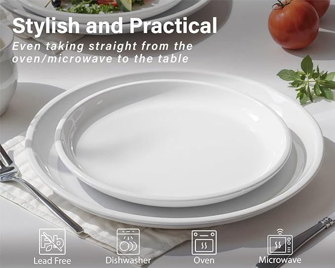 ONEMORE Plates and Bowls Set for 4 - Microwave &amp Dishwasher Safe Porcelain Dinnerware Set Service for 4 - Ceramic Dishes Set(12 Pcs) - White