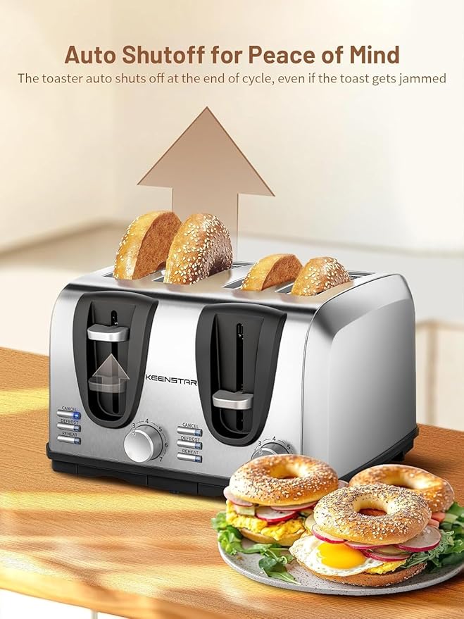 Keenstar Toaster 4 Slice Bread Toaster with Dual Control Panels Extra-Wide Slot of Bagel/Defrost/Cancel Function 7 Toasting Bread Shade Settings Removable Crumb Trays Auto Pop-Up Stainless Steel