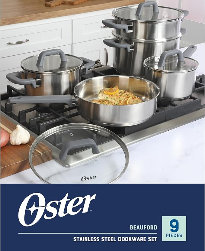 Oster Beauford 9-Piece Stainless Steel 5-Ply Encapsulated Base Cookware Set – Non-Toxic Induction Compatible Pots and Pans with Stay-Cool Handles – Dishwasher Safe