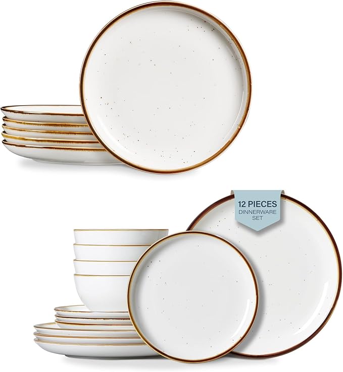 ONEMORE Ceramic Dinner Plate Large Dessert Salad PlatesDinnerware Sets 12pcsScratch Resistant Microwave &amp Dishwasher SafeCream White