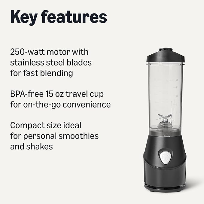 Amazon Basics Portable Blender for Smoothies and Shakes with 250W Power15 Oz BPA Free Travel Cup and Lid Black