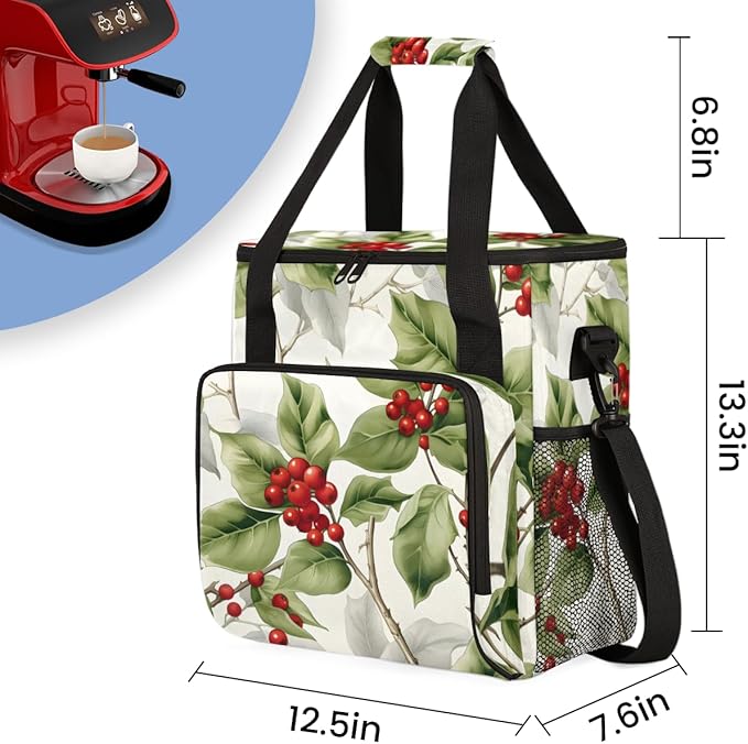 Christmas Flowers Coffee Maker Carrying Bag Watercolor Flowers Travel Storage Bag Compatible with K-Mini or K-Mini Plus Single Serve Coffee Brewer Carrying Case with Pockets &amp Shoulder Strap