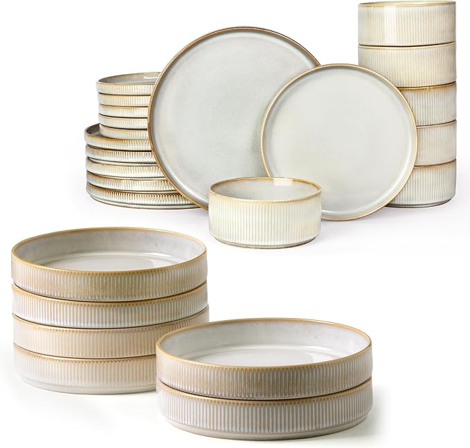 Famiware Star Dinnerware Set with Plates and Bowls Service for 6 (24-Piece) Stoneware Kitchen Dishes Dinner Sets - Cappuccino White