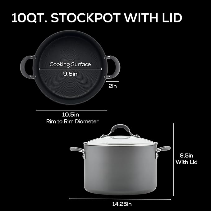 Circulon 83909 Radiance Hard Anodized Nonstick Stock Pot/Stockpot with Lid - 10 Quart Gray