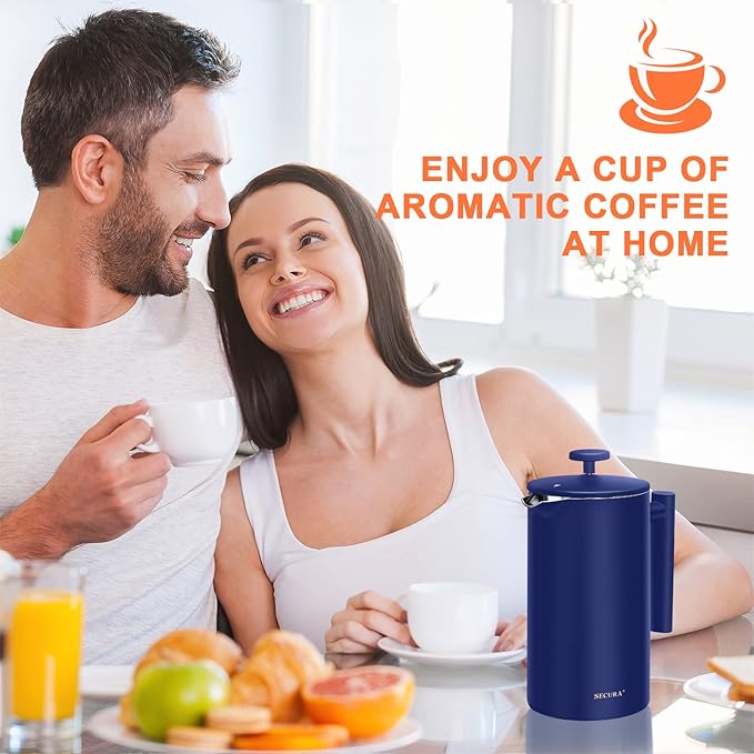Secura French Press Coffee Maker 304 Grade Stainless Steel Insulated Coffee Press with 2 Extra Screens 34oz (1 Litre) Blue