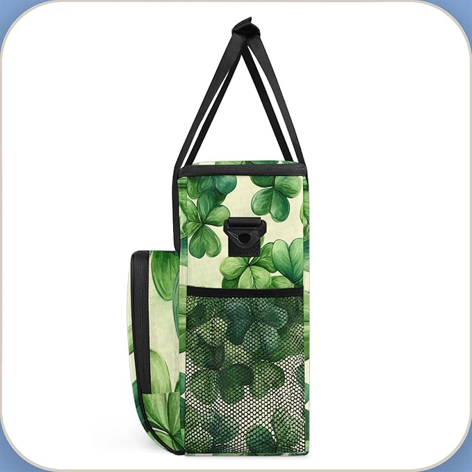 St Patricks Day Coffee Maker Travel Bag Clover Shamrock Insulated Grocery Bag Travel Picnic Leakproof Cooler Bags With Shoulder Strap