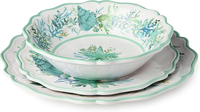 Sea Glass 12 Pc. MELAMINE DINNERWARE SET SERVICEfor 4 coastal mix‑and‑match plates and bowls with ocean motifs ideal for indoor outdoor dining beach homes patios poolside meals