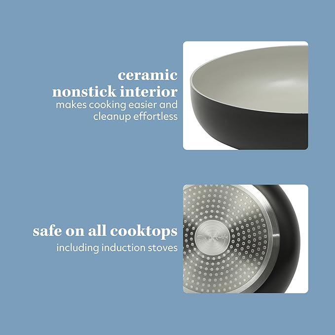 Sur La Table Kitchen Essentials Potluck Porch 4.5 Quart Sauté Pan Deep Frying Pan Skillet w/Lid Aluminum PFA Free Ceramic Cookware Chef's Pan Omelet Pan - Induction - Black