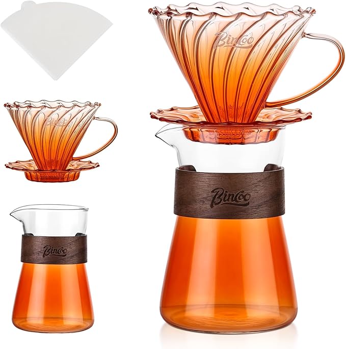 Bincoo Pour Over Coffee Maker Set - 500ML Glass Coffee ServerGlass Carafe with Coffee Dripper and 50PCS Paper Filter Drip Coffee Maker Set for Home Café Restaurant (Orange)