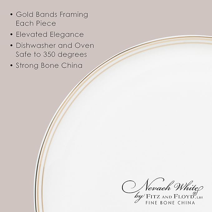 Everyday White by Fitz and Floyd Nevaeh Bone China Coupe Gold Bands Dinnerware Set Service for 4